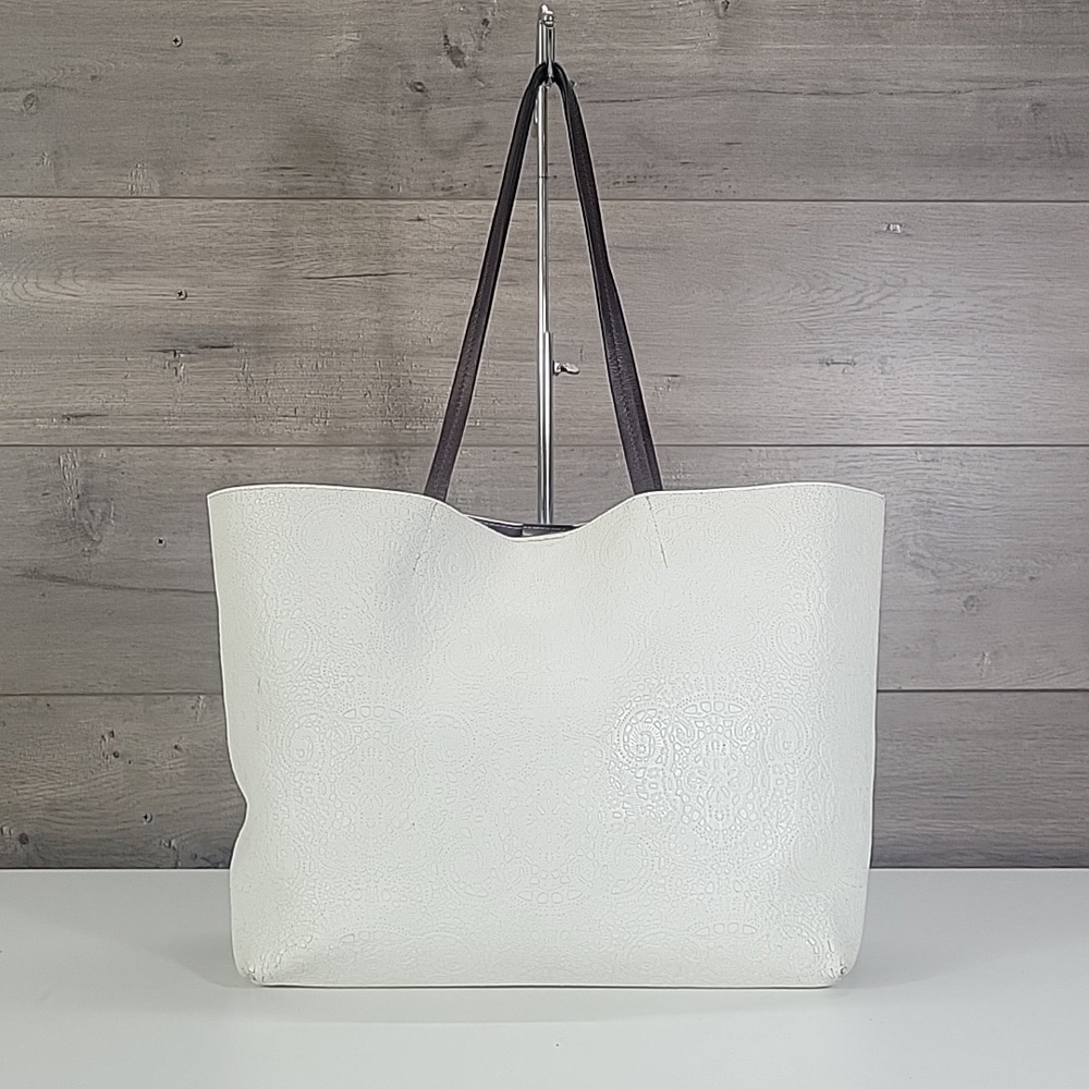 Large B. May White Tooled Leather Tote Bag with Brown Handles